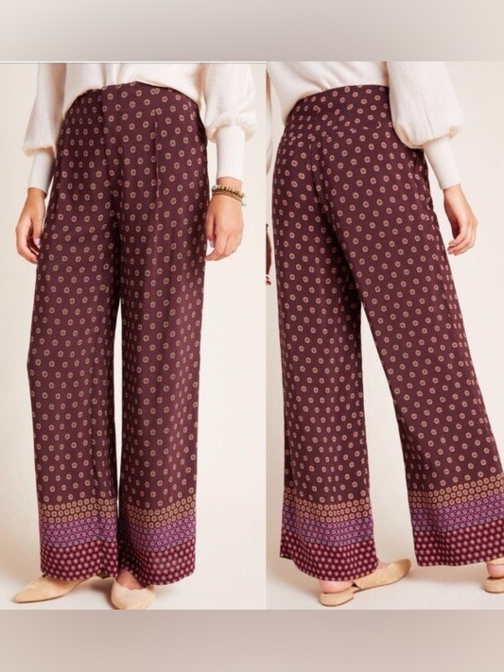 Anthropologie Marsden Burgundy Wide-Leg Graphic Printed Palazzo Pants